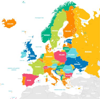 Avrupa kıtasının ülkeleri, başkentleri, ana şehirler ve güçlü parlak renklerde deniz ve adalar adları ile vektör harita.