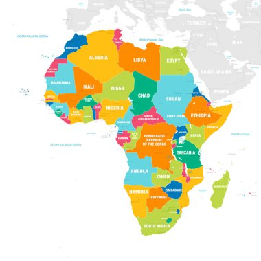 Vektör harita Afrika kıtasının ülkeleri, başkentleri, ana şehirler ve güçlü parlak renklerde deniz ve adalar adları ile.
