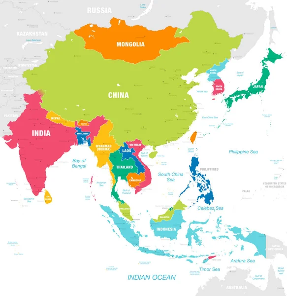 東アジア大陸の強い鮮やかな色パレットの国 主要都市と海 の名前のベクトル地図 — ストックベクタ