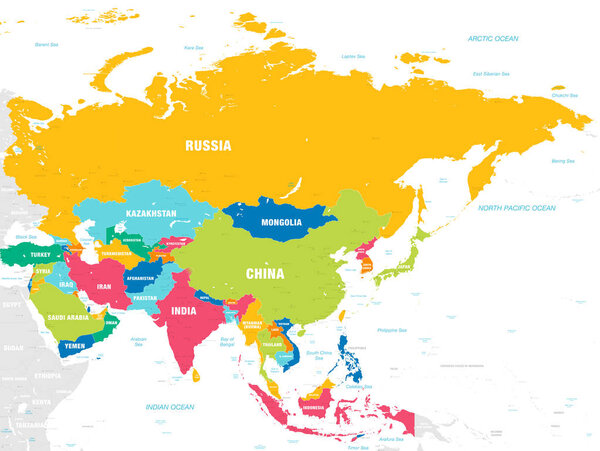 Векторная карта Азии континента со странами, столицами, главными городами и морями и названиями островов в ярких цветах
.