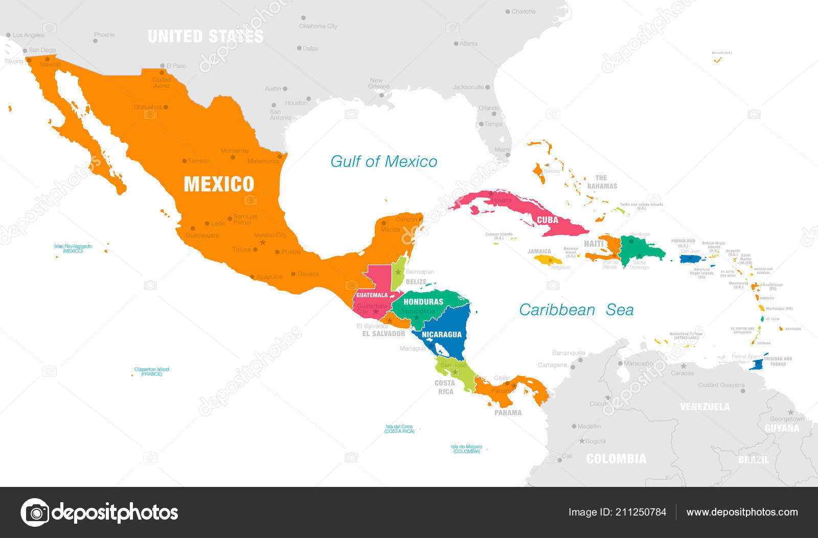 Mapa Vectorial América Central Con Nombres Países Capitales Ciudades