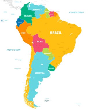 Vektör harita Güney Amerika kıtasının ülkeleri, başkentleri, ana şehirler ve parlak renklerde deniz ve adalar adları ile.