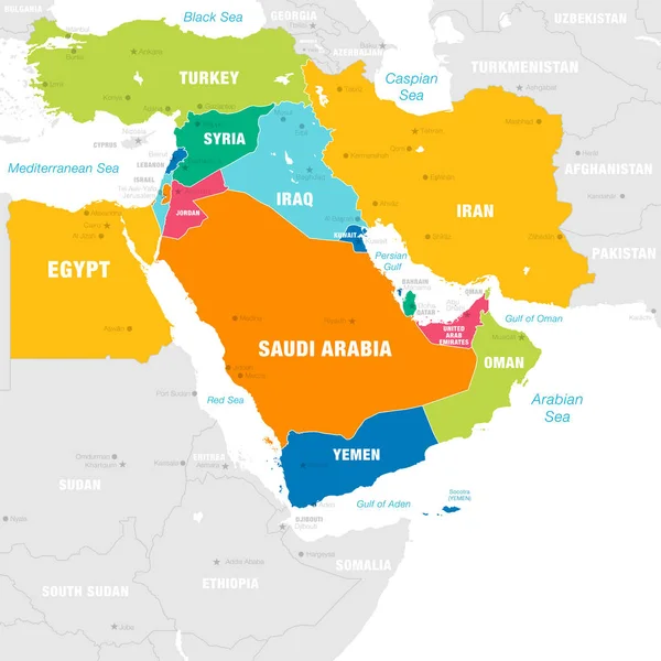 Mapa Alto Detalle Zona Oriente Medio Con Nombres Países Capitales — Archivo Imágenes Vectoriales