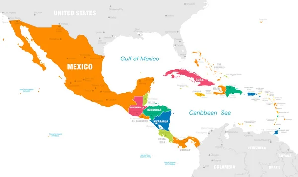 Mapa Vetorial América Central Com Países Capitais Principais Cidades Mares — Vetor de Stock