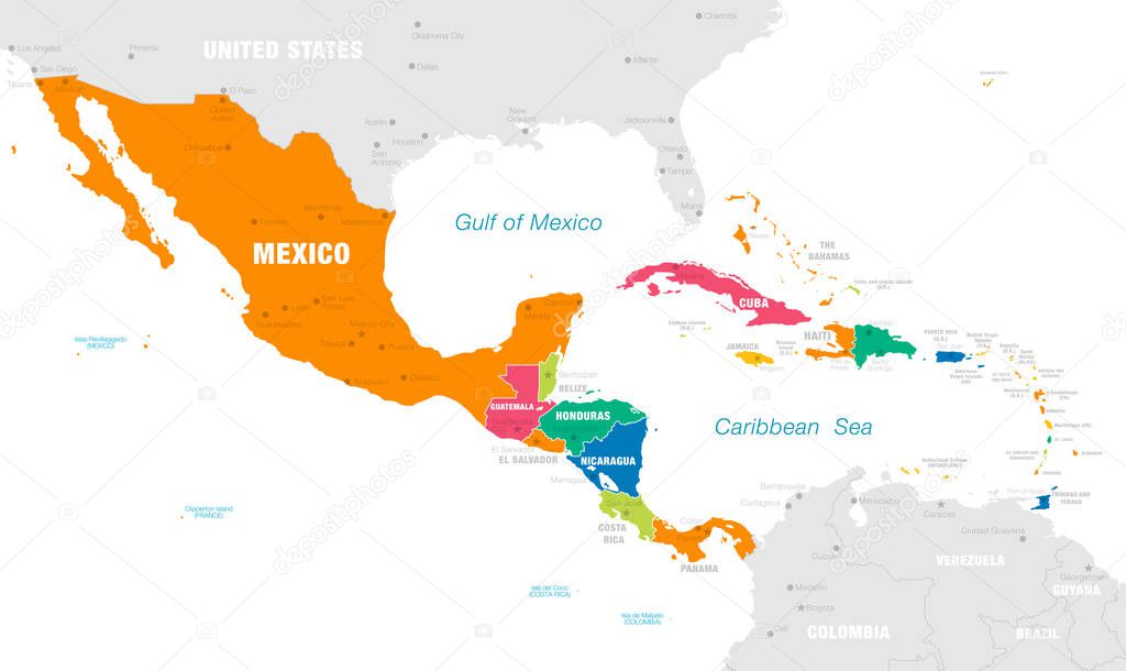 Vector map of Central America with Countries, Capitals, Main Cities and Seas and islands names in strong brilliant colors palette.