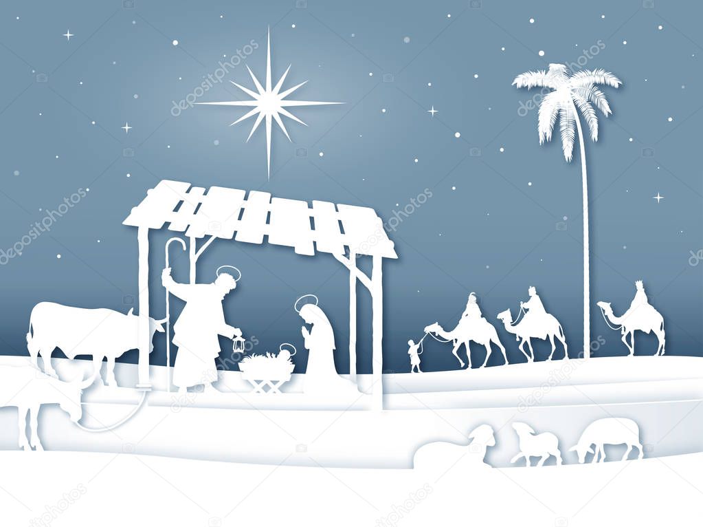 Vector Illustration of a Christmas Nativity scene with Magi and shepherds white silhouettes with soft shadows.