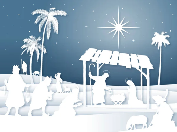 Vektoros Illusztráció Egy Karácsonyi Betlehem Napkeleti Bölcsek Pásztorok Fehér Sziluettek — Stock Vector