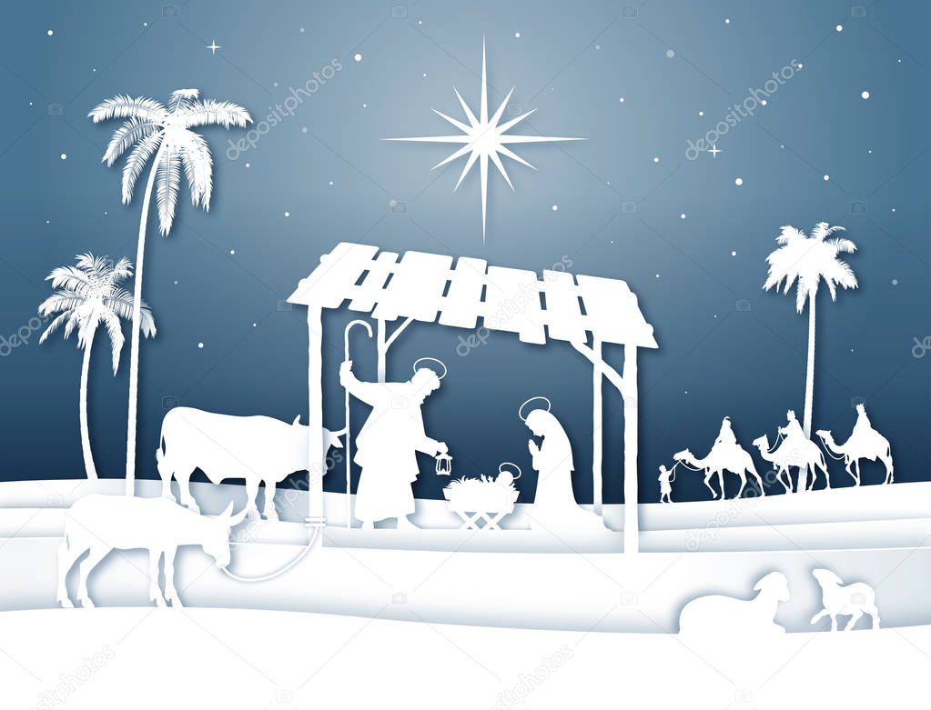 Vector Illustration of a Christmas Nativity scene with Magi and shepherds white silhouettes with soft shadows.