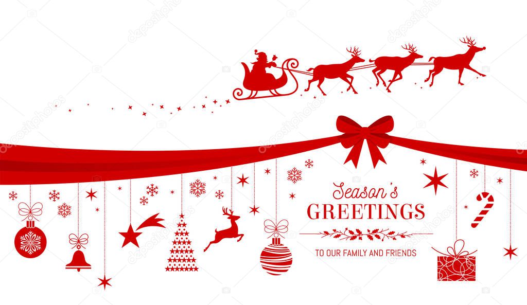 Christmas greetings card design template with candies and ornaments hanging from a red ribbon and Santas Sled flying over
