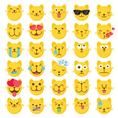 Düz grafik tarzı ile 25 kedi vektör emoji emoticons kümesi