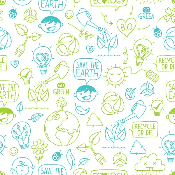 エコロジー壁紙カラフルなスケッチ アイコンや概念とのシームレスなパターン — ストックベクタ