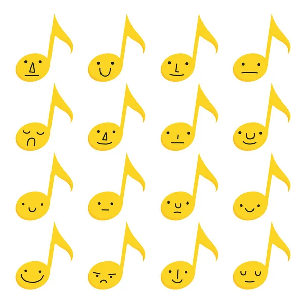 Ensemble Seize Notes Musicales Jaunes Avec Des Expressions Emoji Sur — Image vectorielle