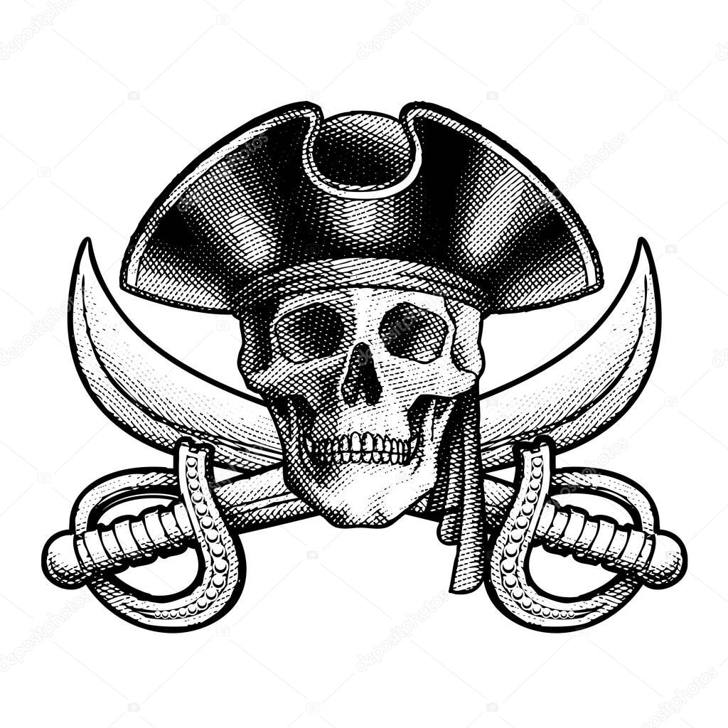 Skull pirate with hat and swords, full vector illustration