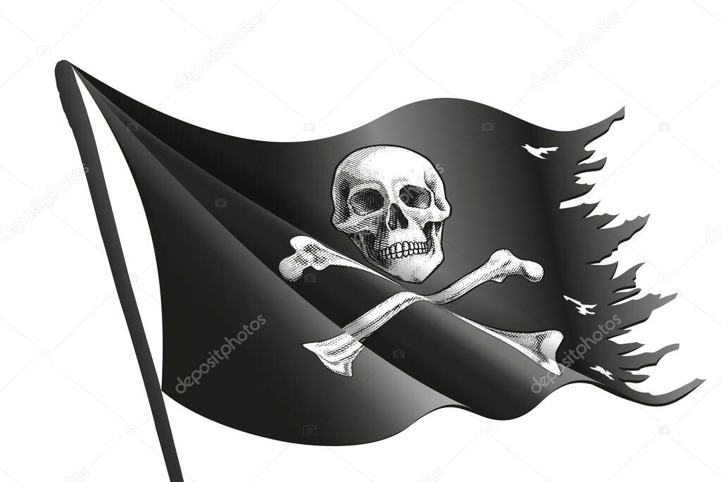Wavy black pirate flag with bone and skull is on the flagpole. Symbol of piracy. Vector illustration