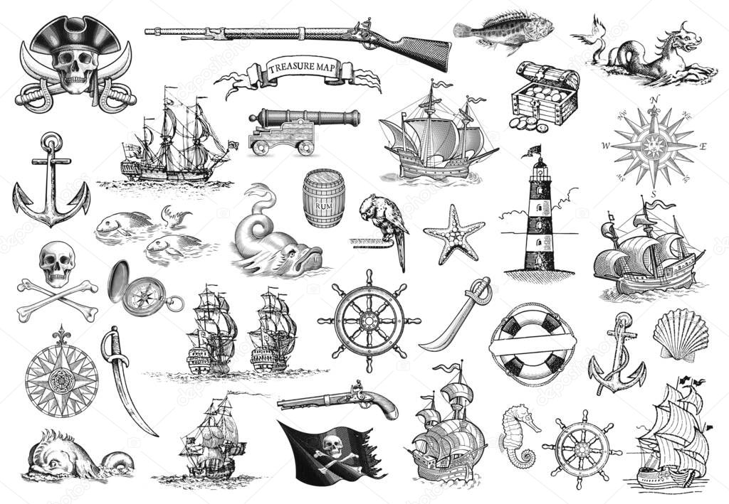  Vintage Monochrome Marine Icons Collection 