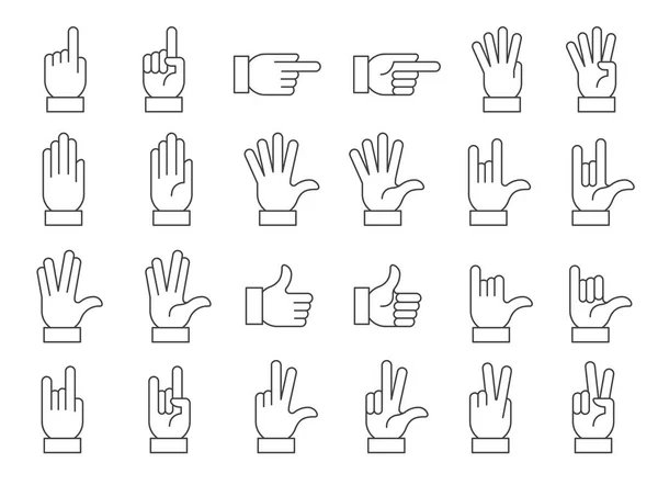 Hands Vector Line Icons Set Hand Gestures Signals Editable Stroke — Stock Vector