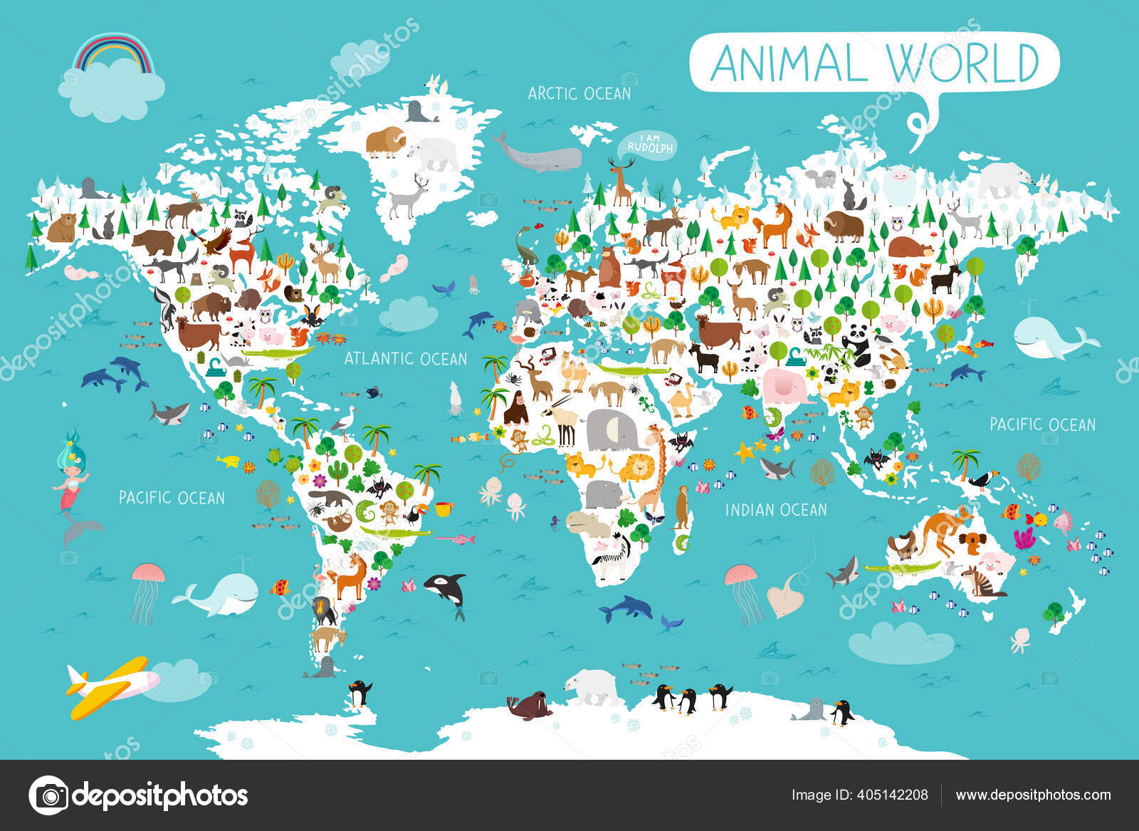 Animals World Map Beautiful Cheerful Colorful Vector Illustration
