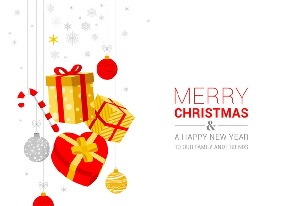 メリークリスマスとハッピーニューイヤー 現実的なお祝いのギフトボックスの背景 クリスマスプレゼント 白いリボンギフト驚き ゴールデンクリスマスのボール ボール — ストックベクタ