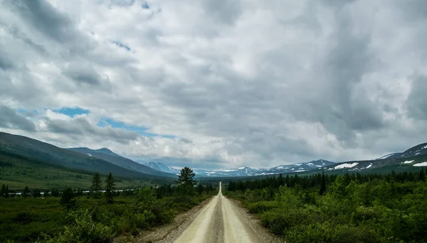 Camino Grava Cresta Montaña Con Pequeños Árboles Coníferas Durante Clima — Foto de Stock