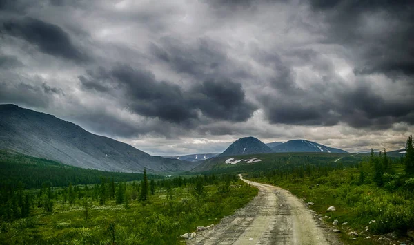 Camino Grava Cresta Montaña Con Pequeños Árboles Coníferas Durante Clima — Foto de Stock