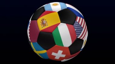 Futbol topu bayraklı siyah ve koyu mavi arka plan üzerinde arkanı dön. Loopable. Luma mat. 3D render.