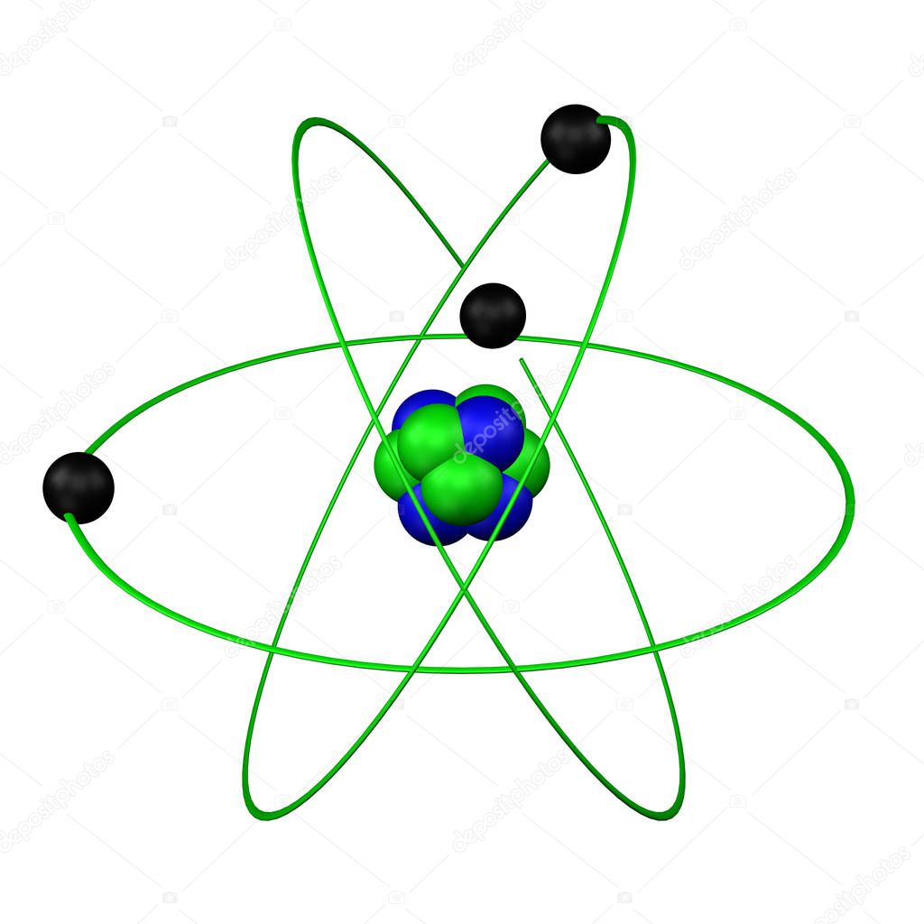 Model of the atom, isolated on white background. 3D rendering.