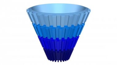 Konsept: Satın alma hunisi. Dişlilerin hunisi dönüyor. Döngüye uygun. Luma mat. 3d render.