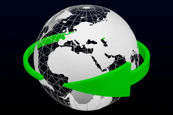Flecha verde alrededor del modelo transparente del Planeta Tierra. Renderizado 3D . —  Fotos de Stock