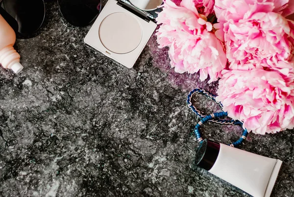 Beauty Flat Lay Accessories Perfume Cosmetics Peonies Dark Marble Background — Stock Photo, Image
