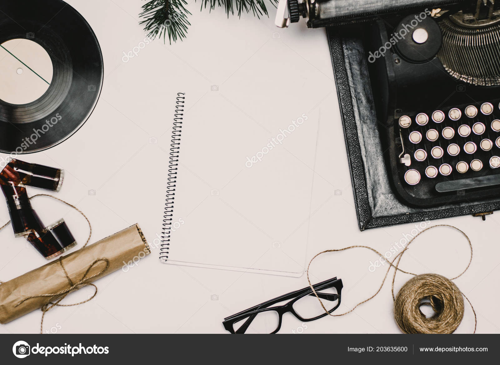 Vintage Office Desk Camera Typewriter Accessories Stock Photo