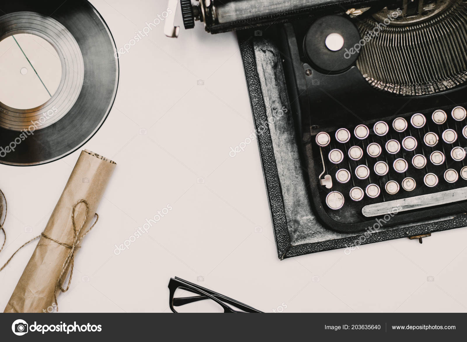 Vintage Office Desk Camera Typewriter Accessories Stock Photo