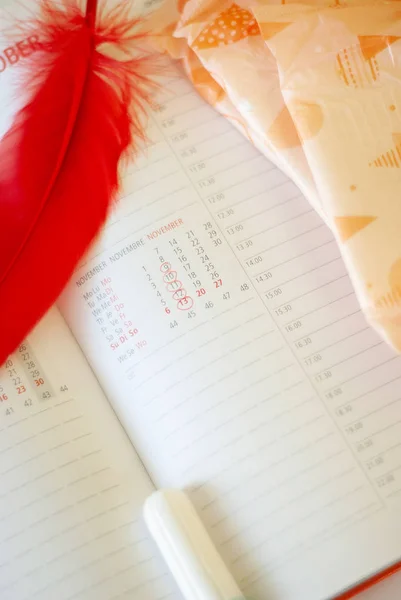 Les règles. Coussinets doublures, tampons et calendrier avec jours rouges sur fond blanc — Photo