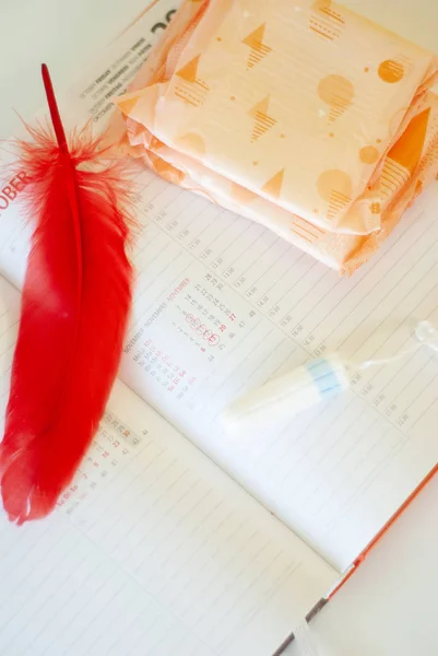 Les règles. Coussinets doublures, tampons et calendrier avec jours rouges sur fond blanc — Photo