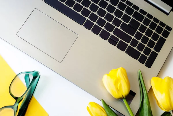 Stylish flat lay home office desk workspace with laptop. Top view lifestyle blog.