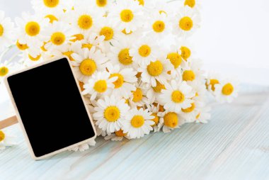 Ahşap arka planda taze topalmış papatya çiçekleri buketi