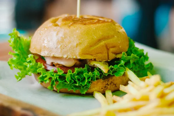 Hamburger de poulet fait maison avec frites — Photo