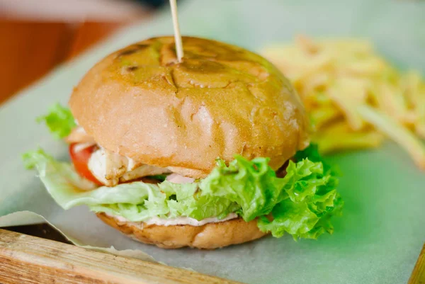 Hamburger de poulet fait maison avec frites — Photo