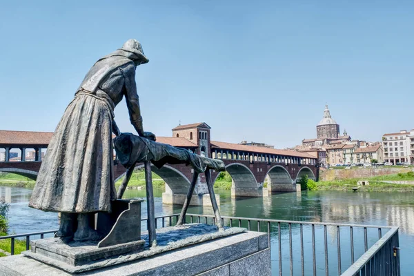 Die Waschfrau Statue Ufer Des Ticino Mit Der Stadt Und — Stockfoto