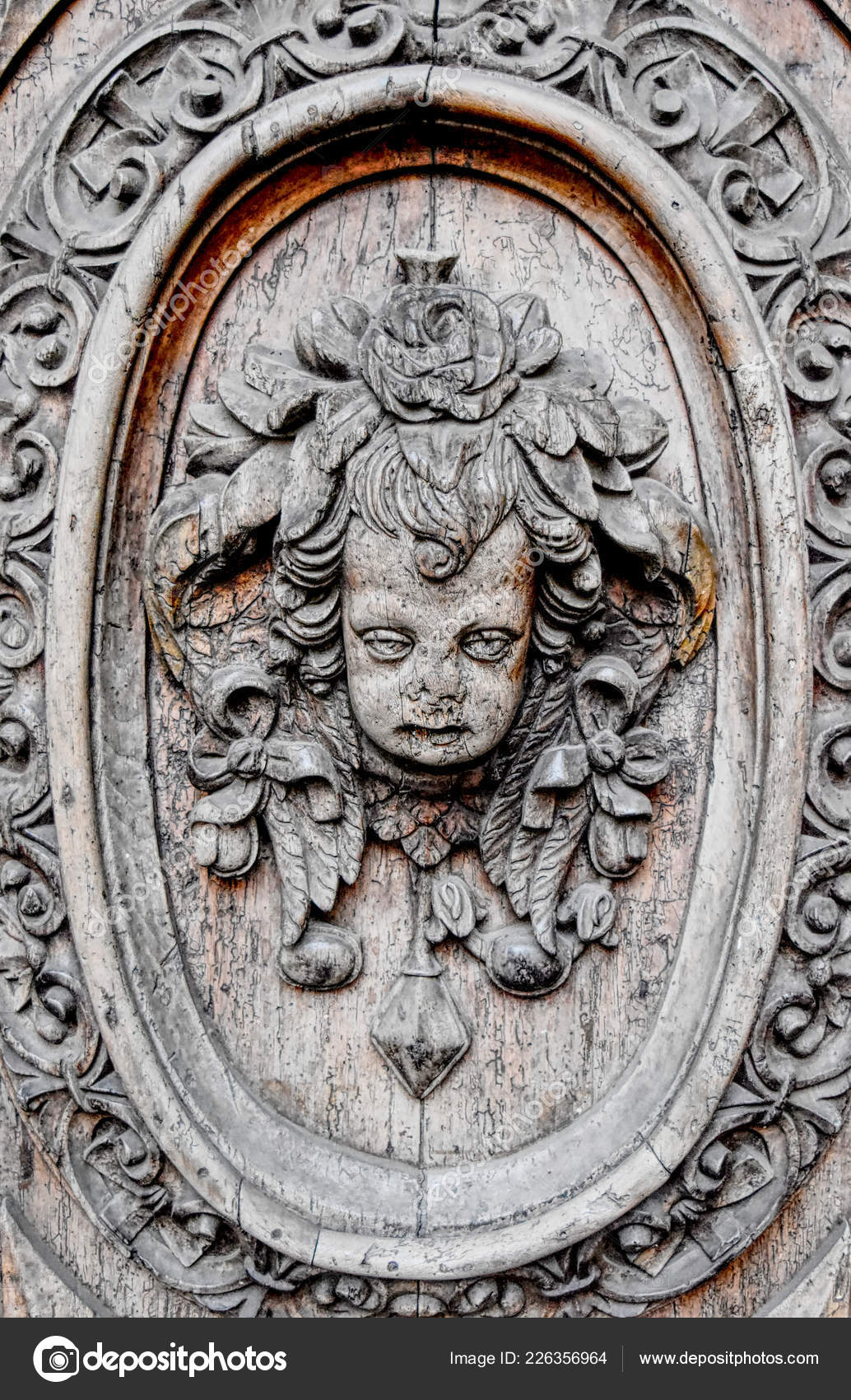 Detail Ancient Wooden Door Face Little Devil Monster Flower