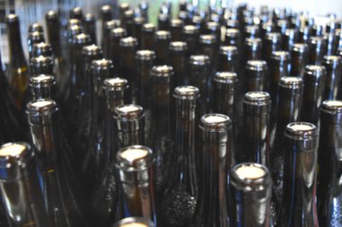 Ufuk arka plan İtalyan şarap için birçok karanlık cam şişe. Bokeh etkisi için kasıtlı olarak bulanık post prodüksiyon.