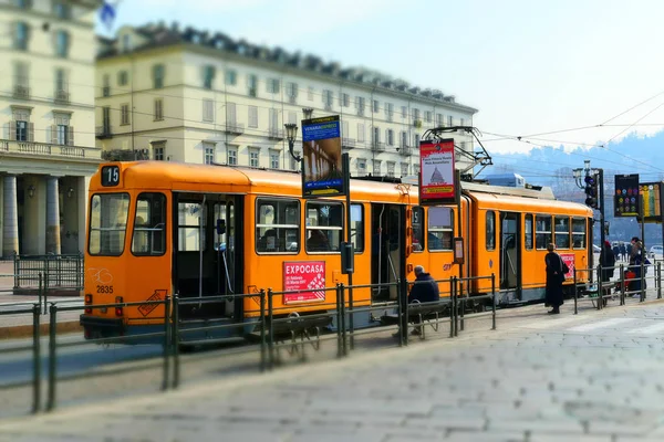 Old Orange Tram Bus Stop Piazza Vittorio Veneto Main City — Stock Photo, Image