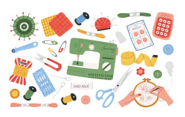 Dikiş ve dikiş seti. Dikiş makinesi, nakış, makas, iplik ve bir zanaat ya da hobi için düğme örnekleri. Düz elle çizilmiş izole ögeler koleksiyonu.