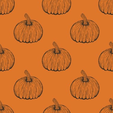 Turuncu arka planda elle çizilmiş balkabağı deseni. Cadılar bayramı ya da sonbahar tatili tasarımı için sonbahar sebze eskizi. Kumaş veya duvar kağıdı için klasik Şükran Günü hasat baskısı. Retro botanik gıda dokusu.