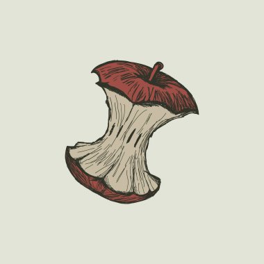 Kırmızı elma çekirdeğinin klasik vektör çizimi. Gotik ya da korkunç bir şekilde elle çizilmiş yemek taslağı. Retro meyve artıkları ya da arta kalan ikon. Çürümenin veya diyetin izole edilmiş elma sembolü..