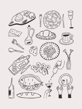 Kafe ve restoran yemeklerinden oluşan el çizimi vektör çizimi. Makarna, peynir ve şaraplı çörek koleksiyonu. Menü tasarımı için tek renkli taslak simgeleri. İtalyan ve Fransız mutfak klipsi sanat elementleri izole edildi.