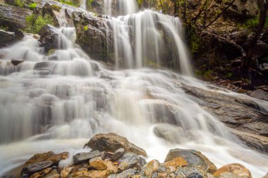 Naramata Şelalesi, Kanada 'nın Britanya Kolumbiyası, Naramata yakınlarında huzurlu bir ortamda canlı yapraklarla çevrili kayalar arasında zarif bir şekilde akar. Okanagan Vadisi 'nde..