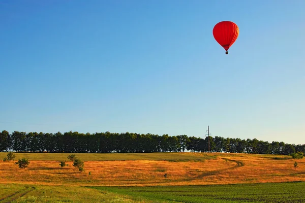 Single hot air balloon with people on the clear blue background flying over the green valley. Ksaverovka, Kyiv region, Ukraine.