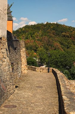 Şaşırtıcı alley için kale Loket Ortaçağ sur duvarı yürür. Güneşli yaz günü. Bohemia, Sokolov, Karlovarsky Region, Çek Cumhuriyeti.