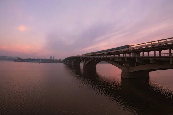 Merto Bridge Old Underground Train Dnipro River Scenic Autumn Landscape — Stock Photo, Image