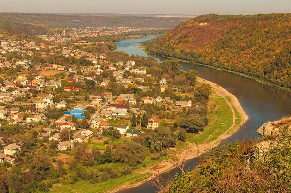 Höstlandskap Zalishchyky Stad Och Canyon Med Dnister Floden Ternopil Region — Stockfoto